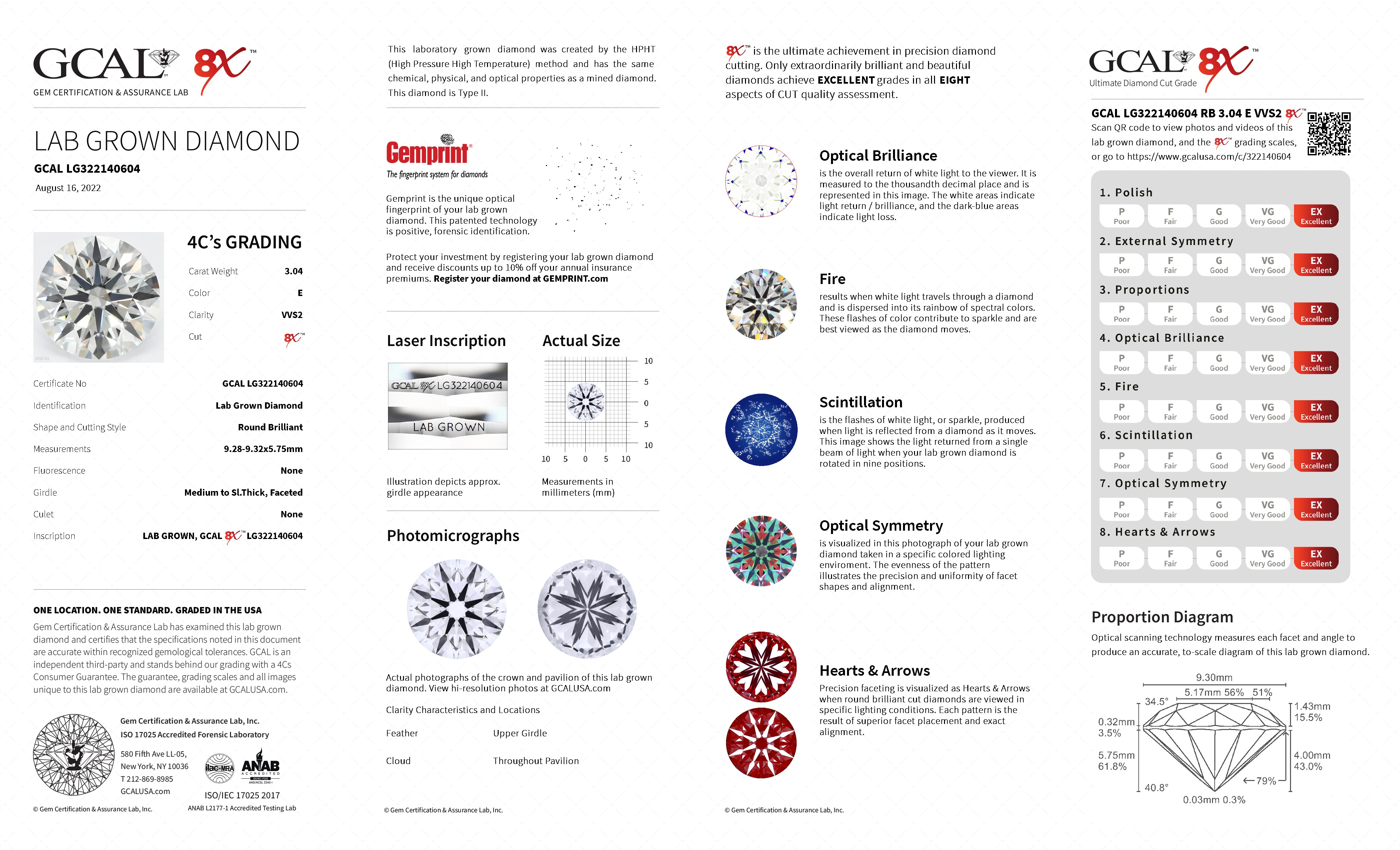3.04 Carat Round Lab-Grown Diamond ,E ,VVS2 ,GCAL Cerified Diamond